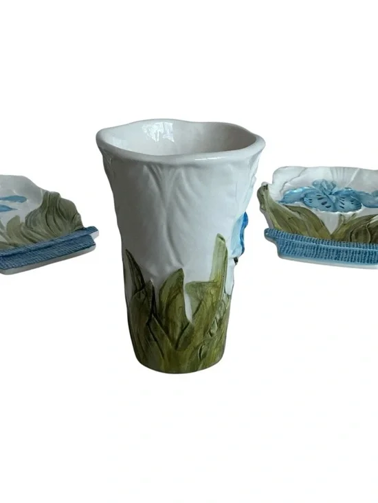 Lenwile Ardalt Flowerpot Majolica Artware Porcelain Flower Tea Set Blue Iris - Picture 12 of 14